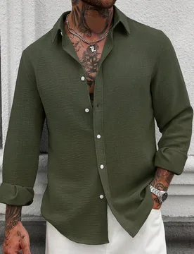 Camisa de lino de manga larga de unicolor con botones para hombre, casual, con textura, verde militar, formal - Shein - FashionsVida