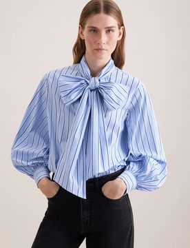 Schalkragenbluse mit Volumenärmel Blau 42