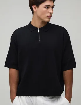 Men's Oversized Boxy 1/4 Zip Cotton Blend Knitted Polo Black Size X-Small Black XS - boohooMAN - FashionsVida