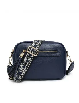 Tassel Two Zipped Sections Canvas Strap Cross Body Bag - Dark Blue - Size: One Size - JFY - FashionsVida