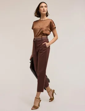 Camiseta de mujer bimaterial mezcla de algodón parte delantera en raso fluido - Motivi - FashionsVida