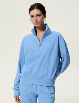 Donna Maglione Mezza Zip in Seta e Cotone Morbido Collo Alto Pullover L