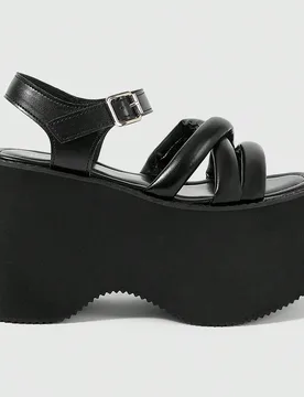 Sandalias de cuña de estilo casual y elegante con puntera abierta, con un esquema de color oscuro y gótico de estilo punk, con cierre de hebilla de - Shein - FashionsVida
