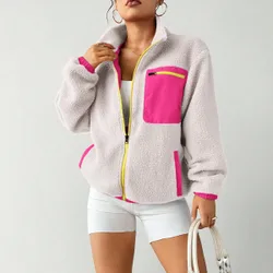 Chaqueta de forro polar holgada y casual para mujer con cremallera delantera y bolsillos de color contrastante