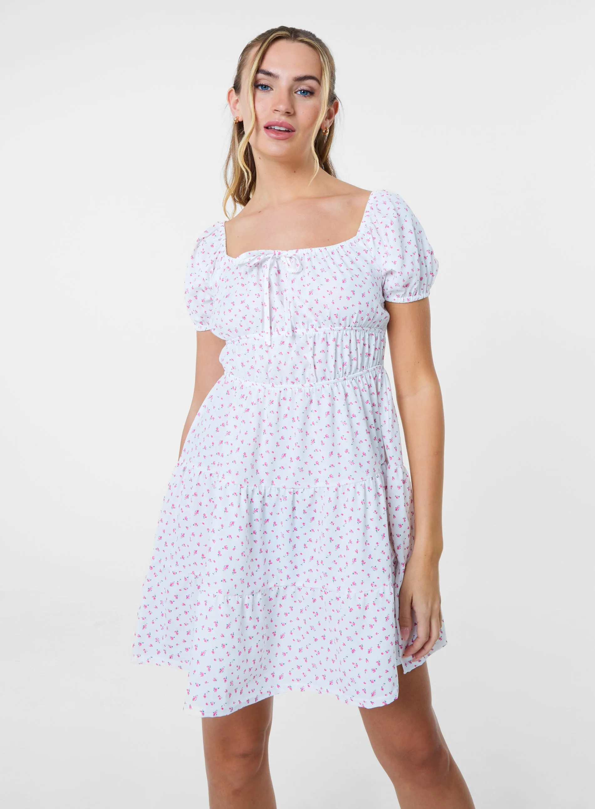Womens Ditsy Puff Sleeve Tiered Mini Dress - Ivory - Size Medium - Pink Vanilla - FashionsVida