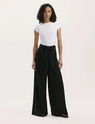 Linen Blend Belted Wide Leg Trousers Black female