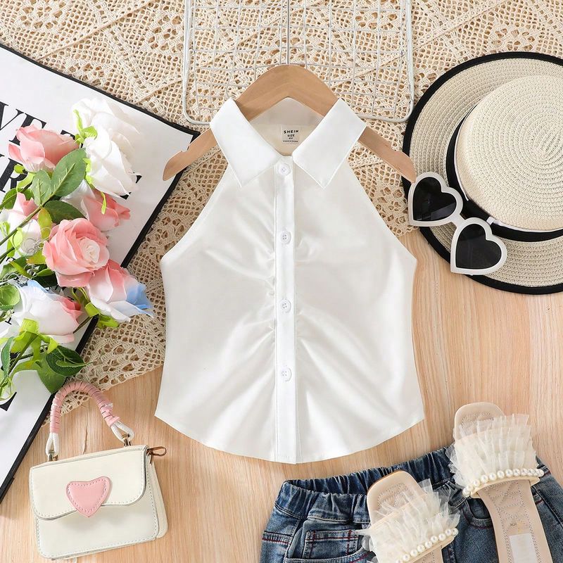 Top corto sin mangas blanco para niñas, versátil para salidas casuales, fiestas y uso diario