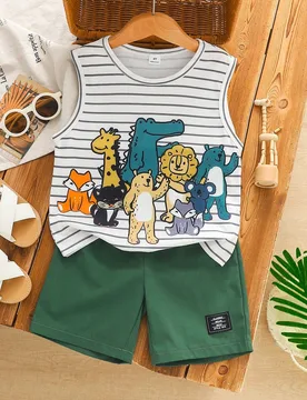 Piezas Chaleco de punto con cuello redondo y estampado de rayas y animales de dibujos animados para niños pequeños, con pantalones cortos a juego, d - Shein - FashionsVida