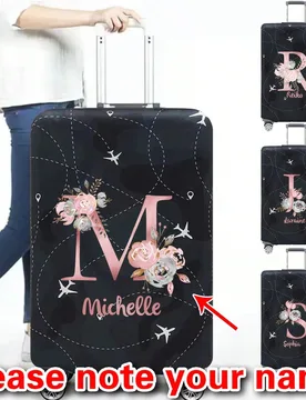 Fundas de equipaje de 18-32 pulgadas, fundas de equipaje elásticas personalizadas, patrón de avión, flores rosas, iniciales A-Z, resistente a arañ - Shein - FashionsVida