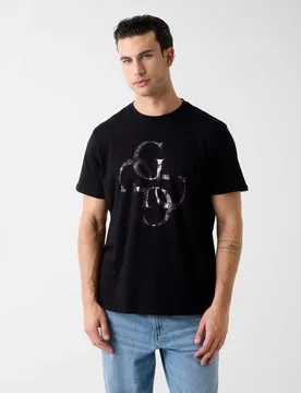 T-shirt nera in cotone con logo frontale ricamato effetto laminato - Guess - FashionsVida