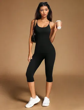 Mono Capri de Yoga para Mujer con Escote Redondo, Tirantes Finos, Espalda Descubierta, Control de Abdomen y Levantamiento de Glúteos, Mono Corto Depo - Shein - FashionsVida
