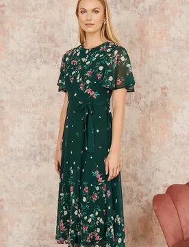 Women's Green Daisy Mirror Placement Skater Dress With Angel Sleeves Size: 10 - Green - Size: 10 - Yumi - FashionsVida