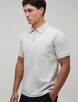Herren Schmal Geschnittenes Premium-Interlock-Poloshirt Mit Reißverschluss Am Ausschnitt Grey Größe Medium - boohooMAN - FashionsVida