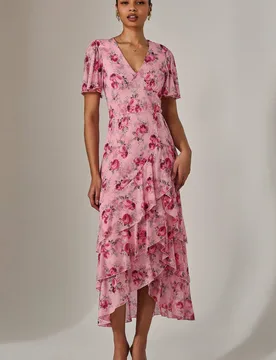 Women's Mesh Print Frill Hem Midaxi Dress in Baby Pink Size: 16 - Baby Pink - Size: 16 - Jolie Moi - FashionsVida
