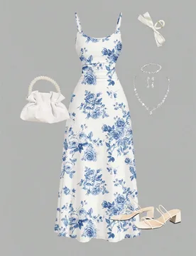 Vestido casual minimalista con estampado floral azul y blanco para adolescentes, vestido de verano con volantes y tirantes, para usar de vacaciones, e - Shein - FashionsVida