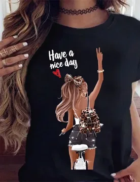 Have A Nice Day Leopard Bow Girl Bicycle Graphic T Shirt Women Fashion Backpack Print Short Sleeve Tee Casual Daily Top - Aliexpress - FashionsVida