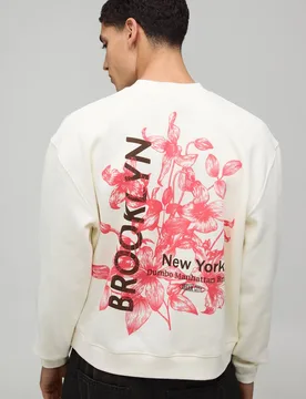 Men's Black Oversized Boxy Brooklyn Floral Print Extended Neck Sweatshirt Ecru Size Medium Ecru M - boohooMAN - FashionsVida