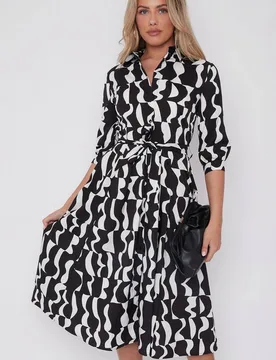 Women's Mono Geometric Print Half Sleeve Midi Shirt Dress in Black Size: 10 - Black - Size: 10 - LOVE SUNSHINE - FashionsVida