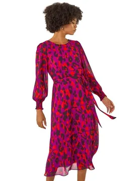 Womens Animal Print Shirred Midi Dress - Pink - Size 16 Uk - Roman - FashionsVida