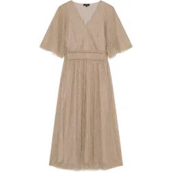 Vestido midi drapeado con manga francesa y detalles metalizados