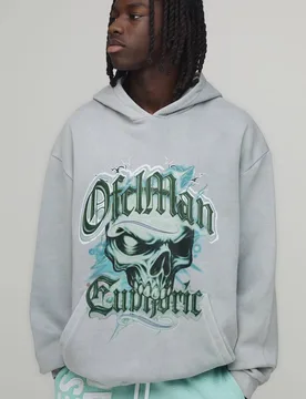 Men's Oversized Euphoric Skull Graphic Washed Hoodie Grey Size X-Large Grey XL - boohooMAN - FashionsVida