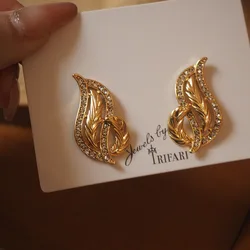 Vintage Wheat Ear Diamond-Embedded Hollow French & Euro-American Style Stud Earrings