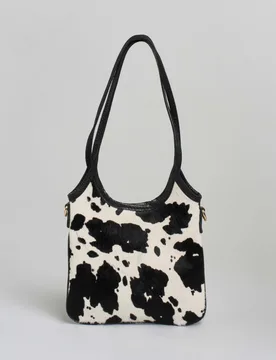 Mini tote bag nera in pelle martellata con parte frontale in cavallino zebrato - Hlo! - FashionsVida