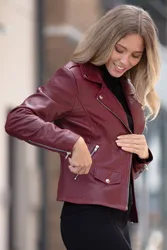 Fia' Real Leather Biker Jacket Coat - Burgundy - Size: 24