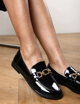 Women's Lettie Wide Fit Chain Trim Detail Flat Loafers in True Black Size: 8-Wide Fit - True Black - Size: 8-Wide Fit - Where's That From - FashionsVida