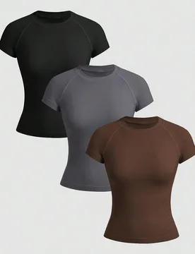 Camiseta de mujer de manga corta con cuello redondo, minimalista y sin costuras - Shein - FashionsVida