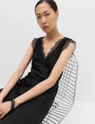 Satin V-Neck Lace Insert Cami Top Black female
