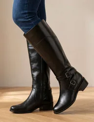 Leather Block Heel Knee High Boots Black female