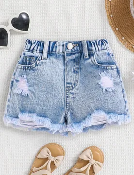 Shorts vaqueros bohemios de primavera y verano para niñas jóvenes, shorts de denim desgastado y casual distressed - Shein - FashionsVida