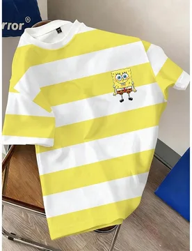 Camiseta de manga corta con cuello redondo, estampado de rayas y dibujos animados, y contraste de color para hombres - Shein - FashionsVida