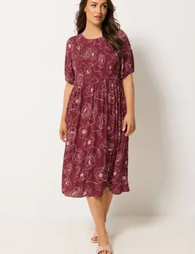 Floral Swirl Puff Sleeve Shirred Dress - Dark Red - Size: 22-24 - Yours - FashionsVida