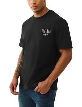 Mens T Shirts Heavy Ribbon Logo Crew Neck Summer Soft Cotton Tee - Black - Size Medium - True religion - FashionsVida