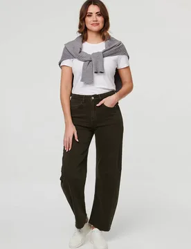 Women's High Waist Wide Barrel Fit Jeans in Khaki Size: 10 - Khaki - Size: 10 - Izabel London - FashionsVida