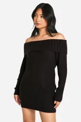 Womens Petite Wide Rib Bardot Neckline Mini Jumper Dress - Black - Size Small