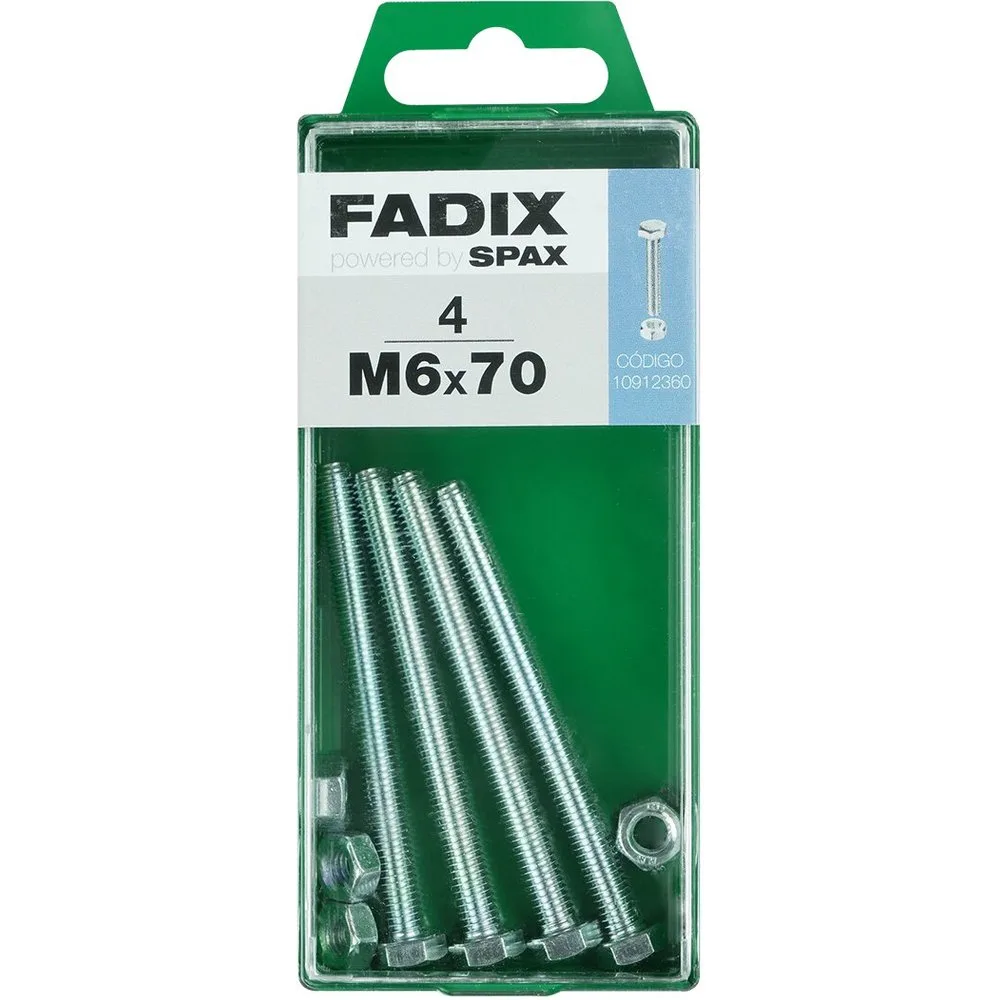 Tornillo Cabeza Hexagonal + Tuerca M6 x 70 mm - Caja 4 Uds - FADIX - FashionsVida