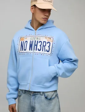 Herren Verkleinerte Lizenz-Grafik Verzierter Durchgehend Reißverschluss Hoodie Sweatshirt Light Blue Größe Small - boohooMAN - FashionsVida