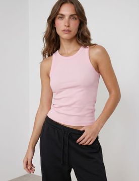 Top a coste in cotone senza maniche con scollo rotondo - rosa pastello