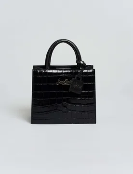 Borsa a mano mini nera in pelle stampa cocco con scritta logo dorata e tracolla più lunga rimovibile - MC2 SAINT BARTH - FashionsVida