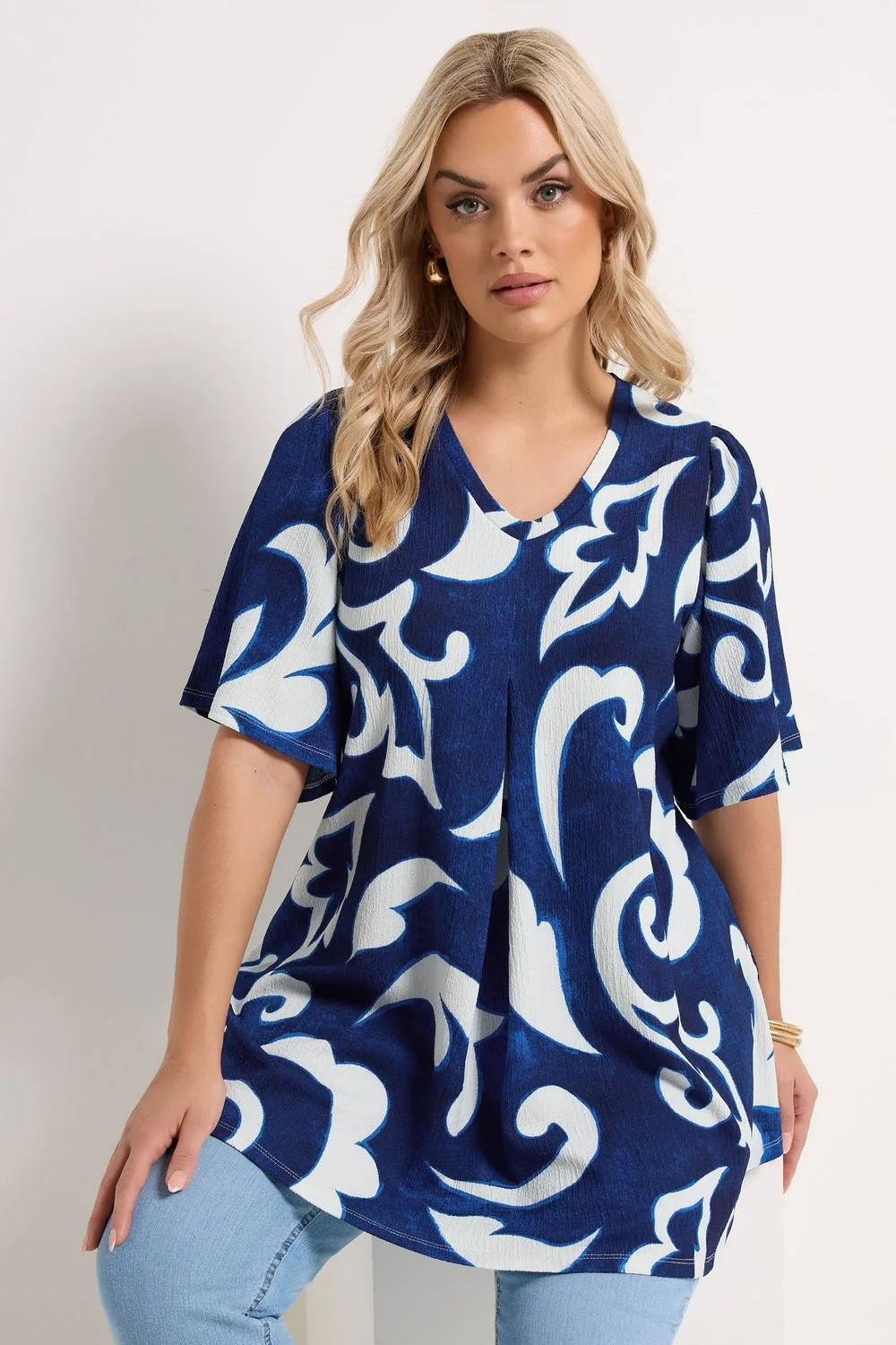 Abstract Textured Pleat Front Top - Dark Blue - Size: 16 - Yours - FashionsVida