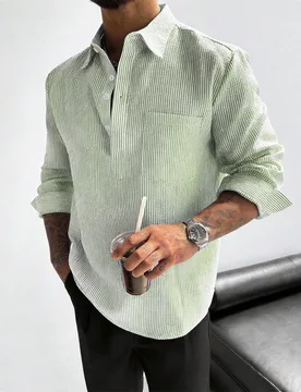 Camisa casual de hombre GloMan con cuello semiabierto texturizado, estilo Old Money, corte holgado, mezcla de lino, manga larga, tipo pullover, estilo - Shein - FashionsVida