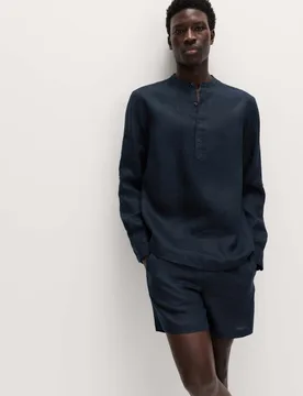 Pure Linen Grandad Collar Shirt Navy male - M&S - FashionsVida