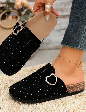 Sandalias planas de mujer con strass, sin cordones y de punta cerrada, con hebilla de corazón, suela gruesa, para uso diario en casa, con suela bland - Shein - FashionsVida