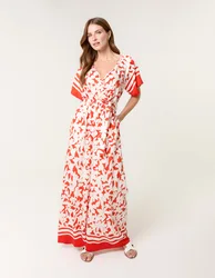 Tropical Print Wrap Belted Waist Jumpsuit - M / ORANGE - female