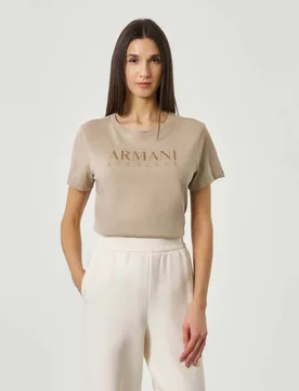 T-shirt maniche corte Exchange beige girocollo con scritta logo in strass - Armani - FashionsVida