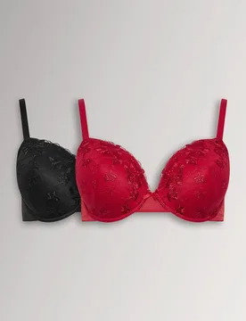 Women's 2 Pack Floral Embroidered Padded Bras in Red Size: 42E - Red - Size: 42E - Yours - FashionsVida