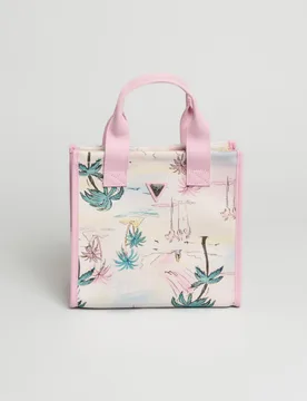 Borsa tote rosa in tela di cotone con stampa palme e logo a triangolo - Guess - FashionsVida